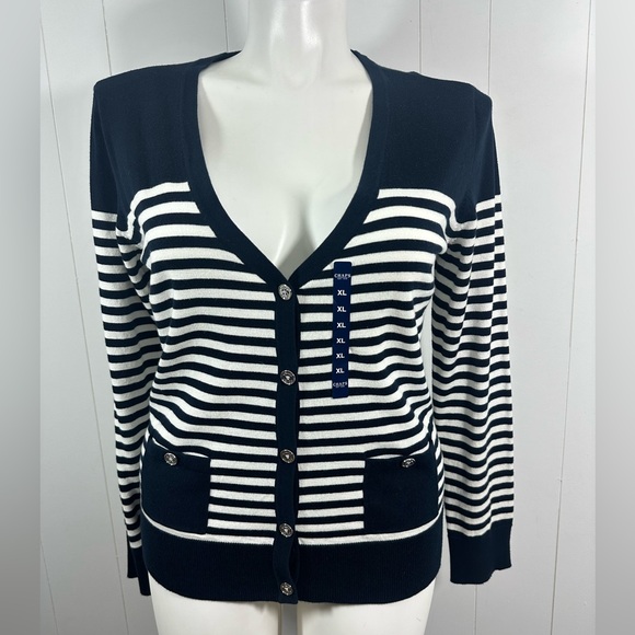 Chaps Sweaters - NWT Chaps Women’s Striped Navy Cardigan Womens Sz XL Long Sleeves V Neck Sweater